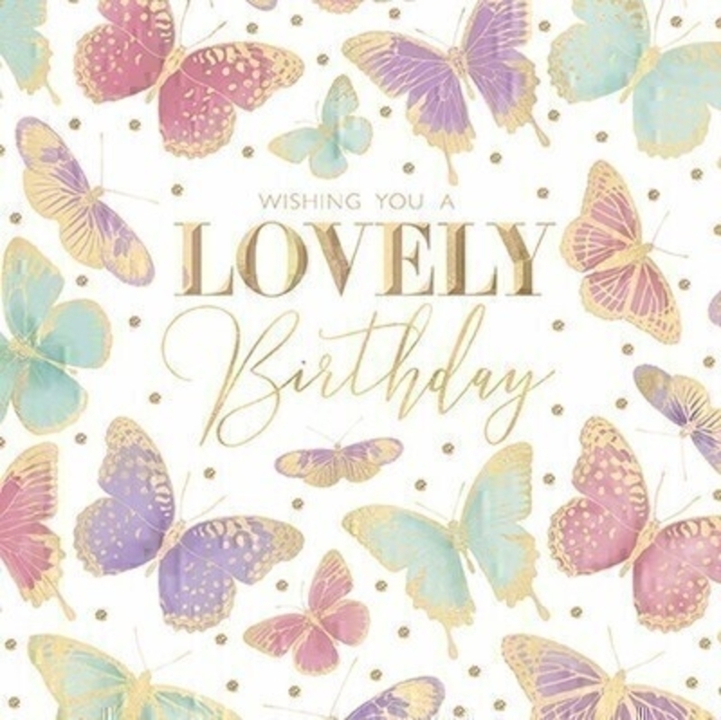 This Birthday greetings card from Avocado Designs has WISHING YOU A LOVELY BIRTHDAY written on the front on a background of gold and pastel butterflies and Happy Birthday written on the inside. The card is perfect to send to someone celebrating a birthday and comes complete with a gold envelope.